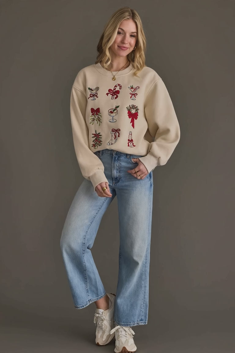 Women's Christmas Embroidered Sweatshirt video, model wearing the sweatshirt