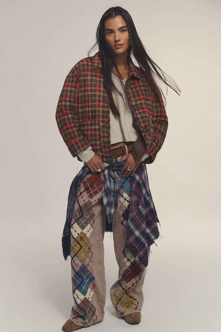 Women's Plaid Quilted Embroidered Closure Jacket video, model wearing the jacket