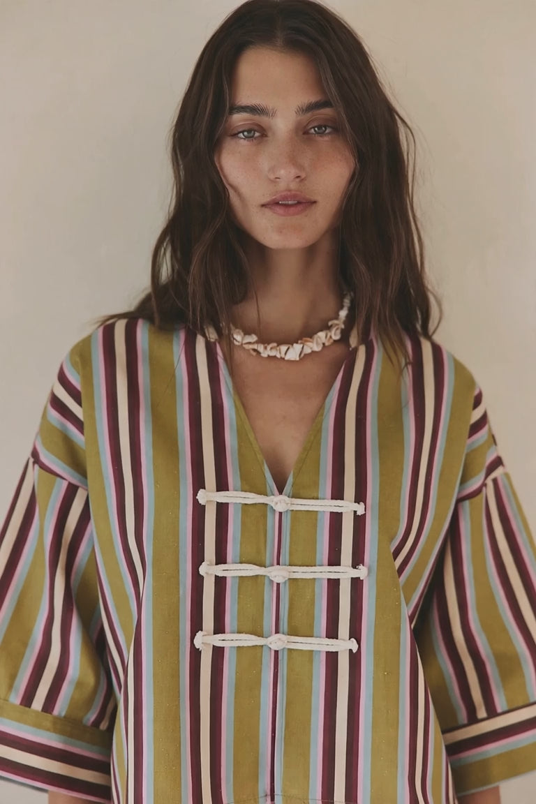 Women's Multi Stripe Toggle Closure Top video, model wearing the top