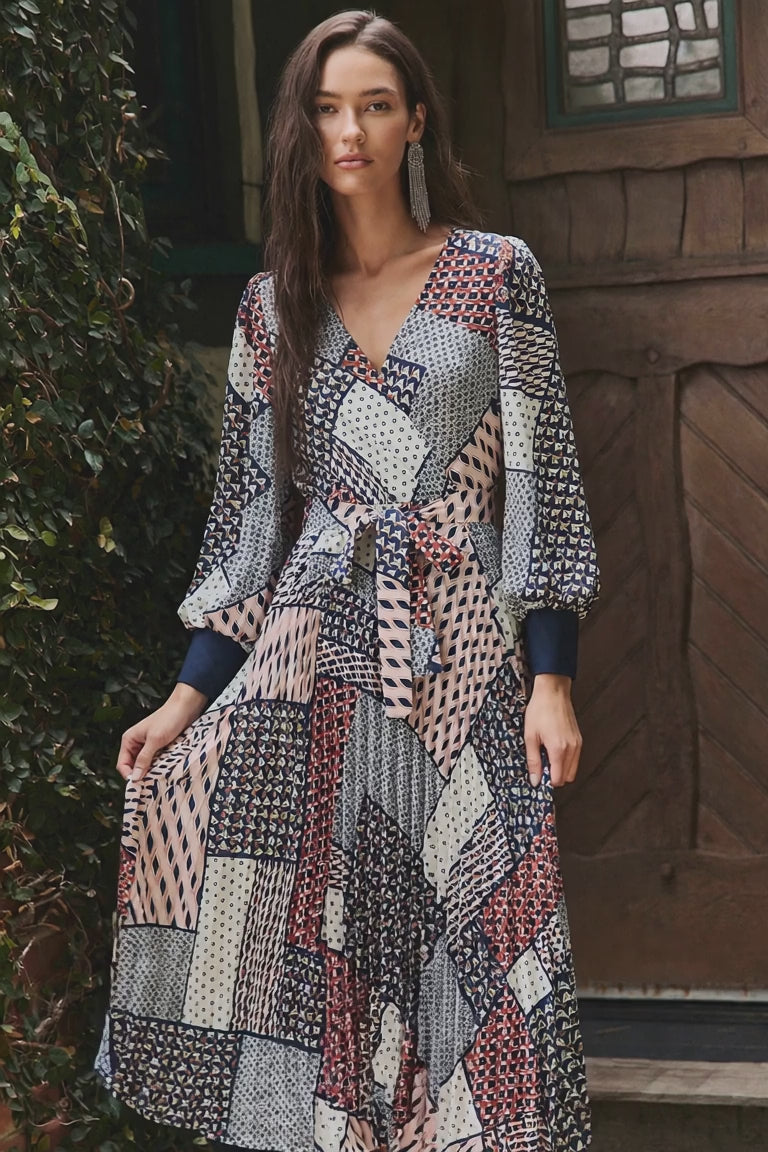 Women's Patchwork Wrap Dress video, model wearing the dress