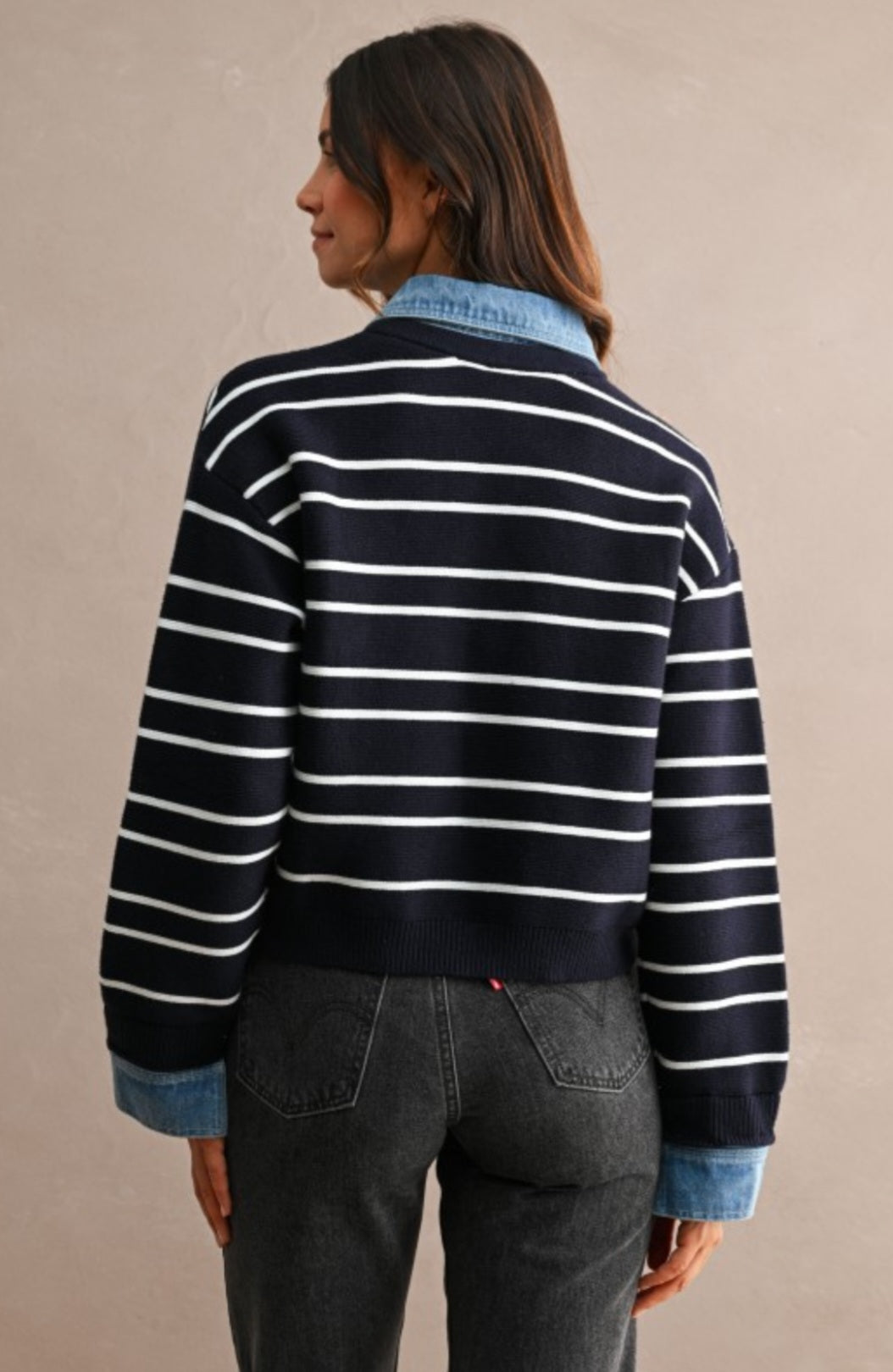 Striped Sweater with Contrast Denim Detail