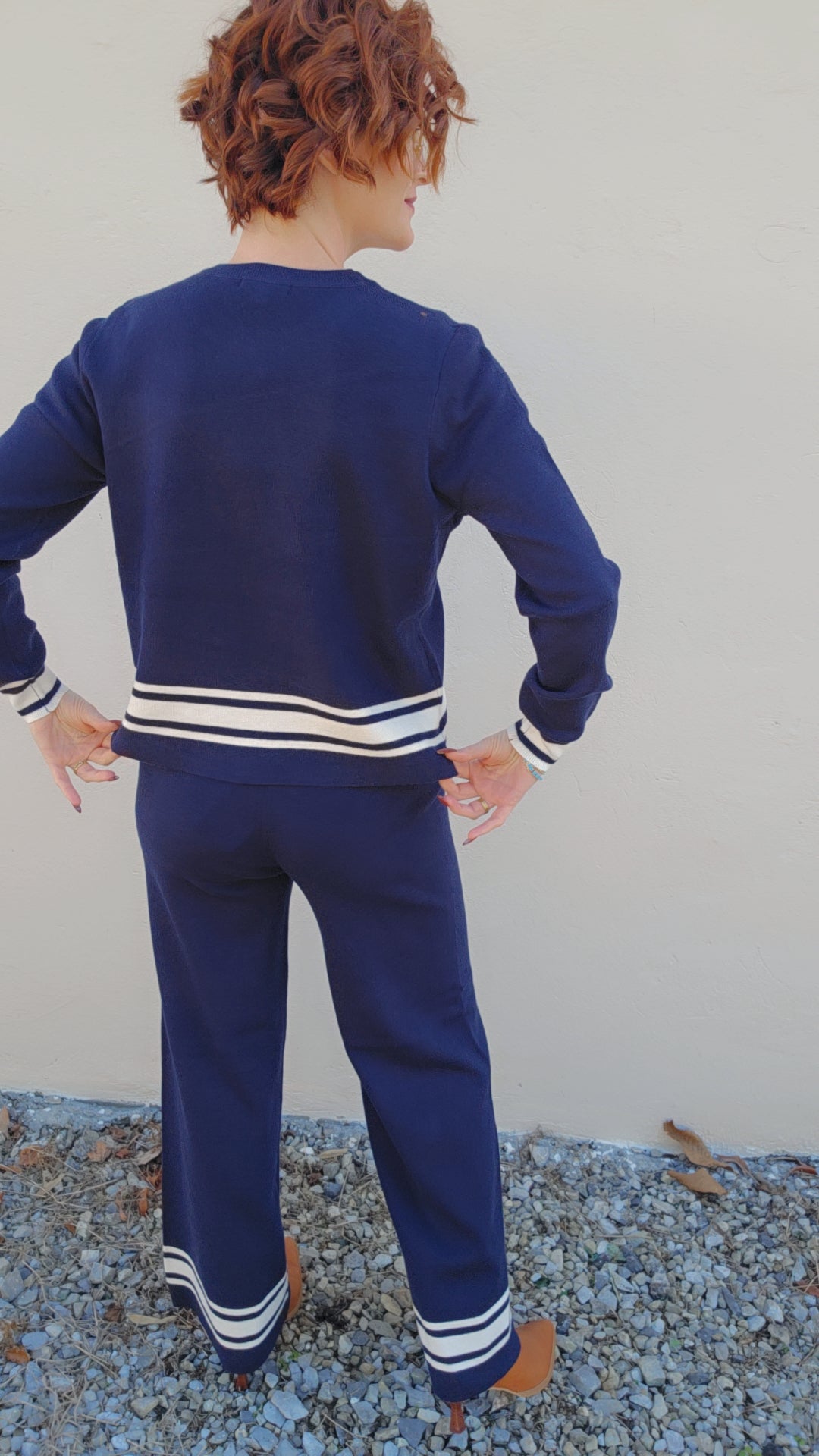 Navy Long Sleeve Crew Neck with Stripe Hem