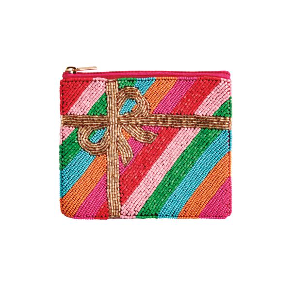 Colorful striped pouch with a decorative bow on a white background