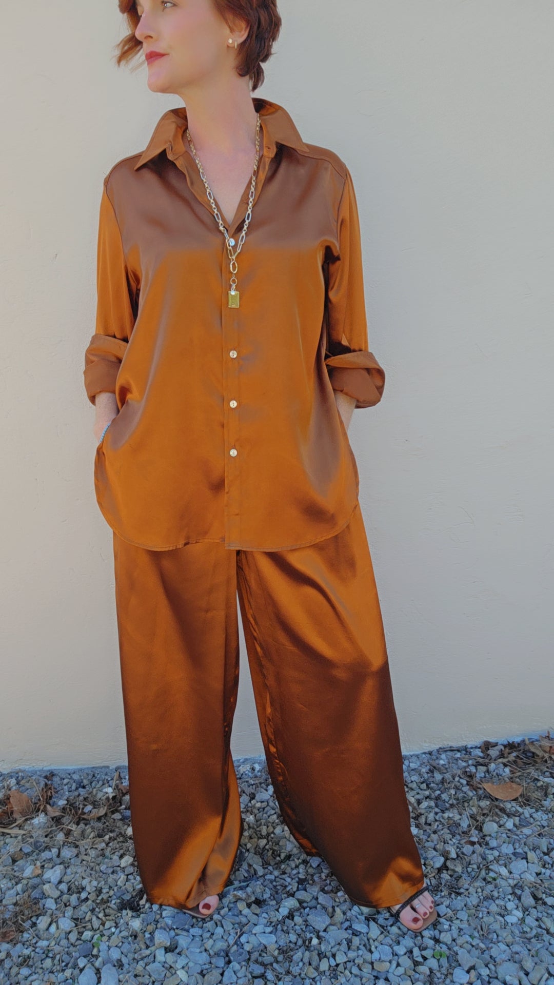 Copper High Low Button Down Blouse