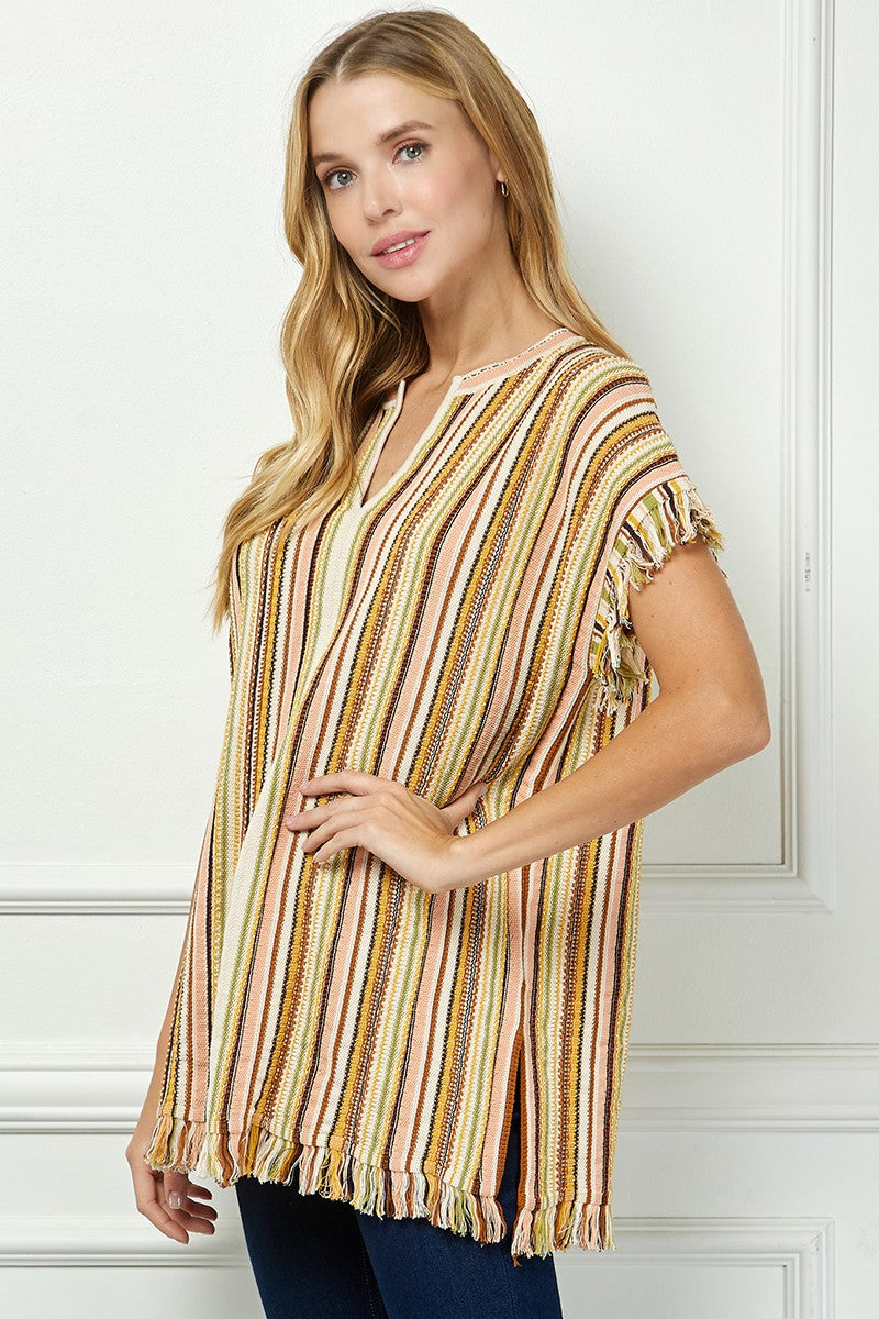 Striped Fringe Tunic With V Neck