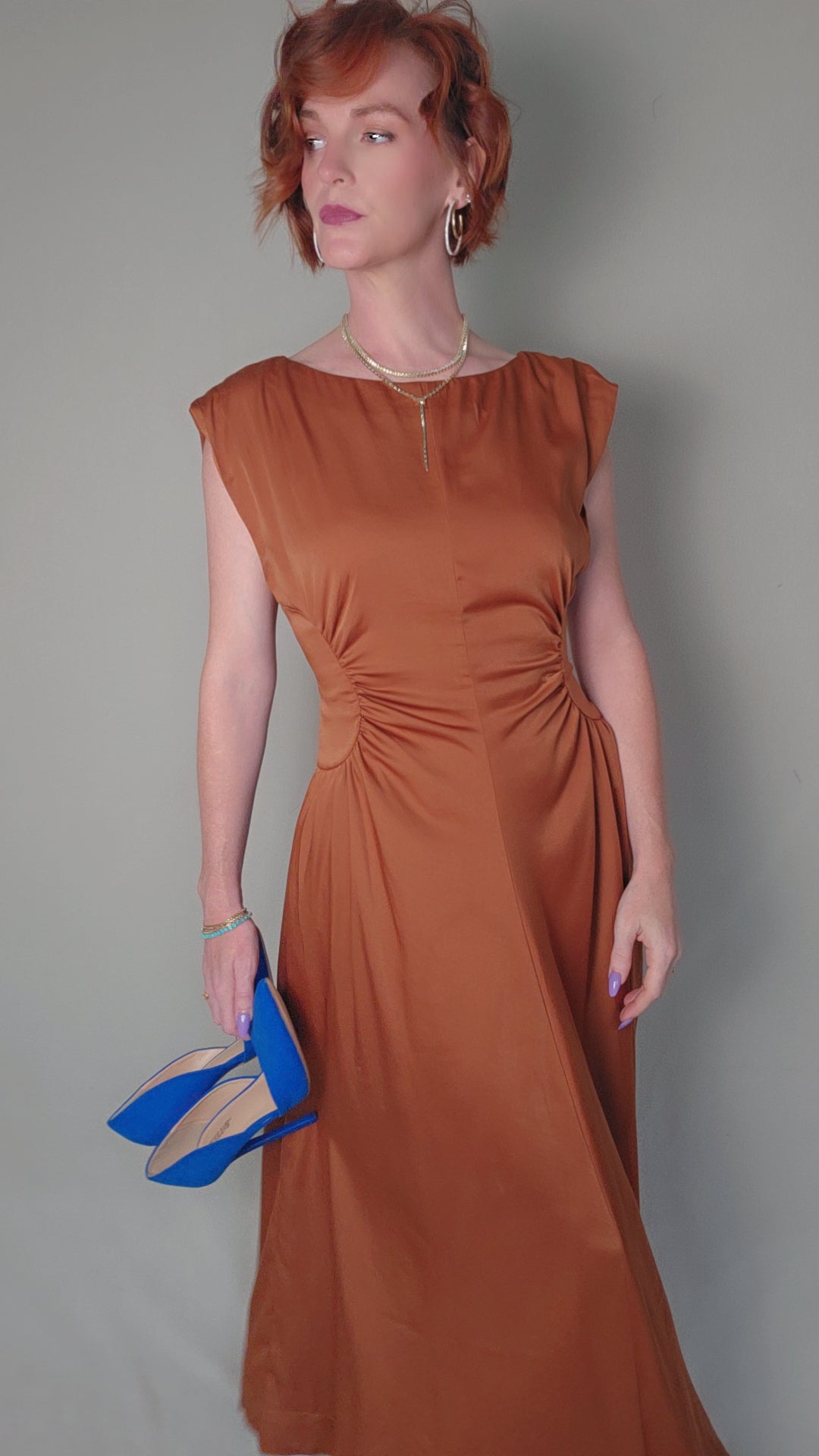 Ruched Satin Midi Dress