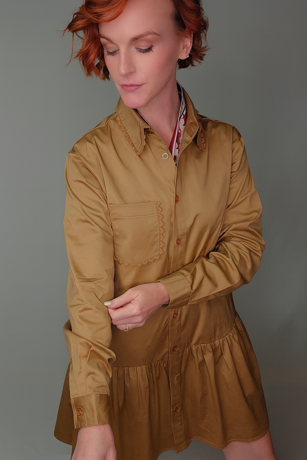 Scalloped Trim Button-Up Dress