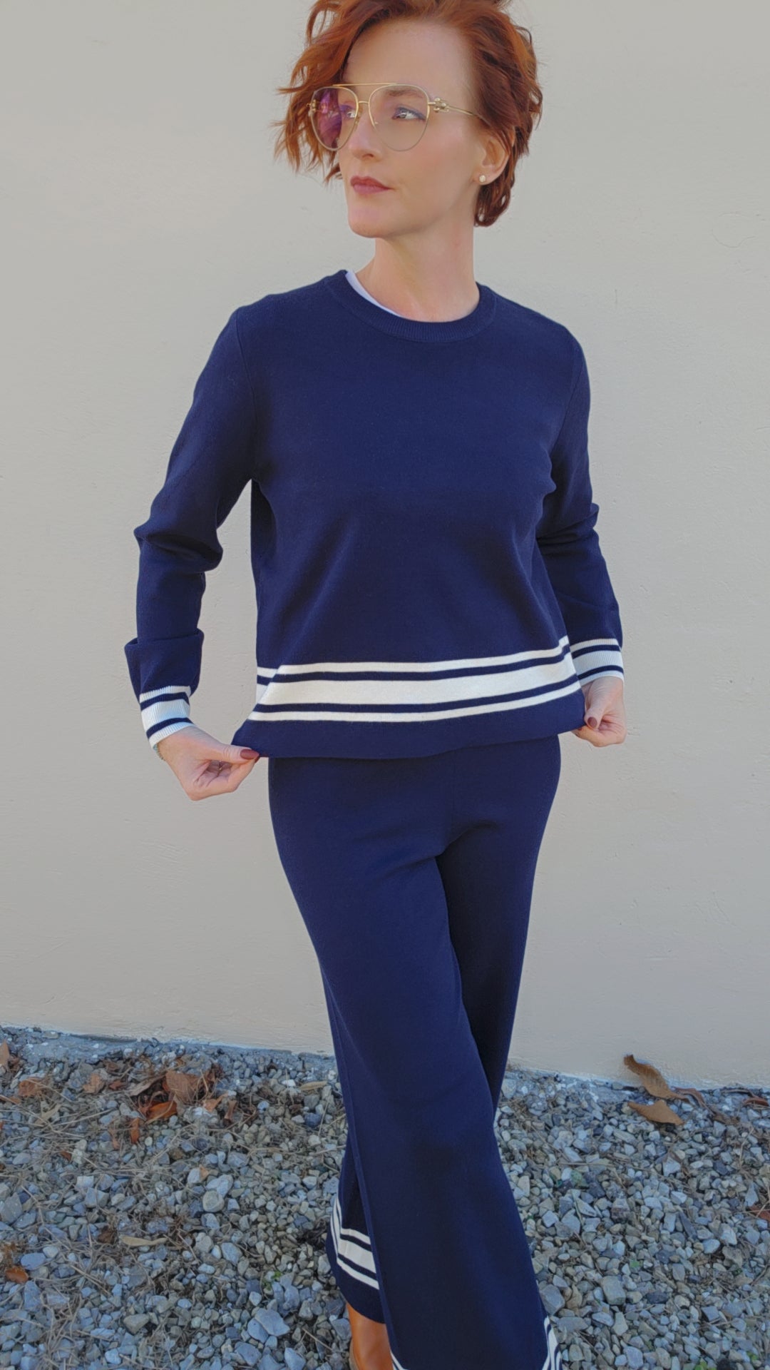 Navy Long Sleeve Crew Neck with Stripe Hem