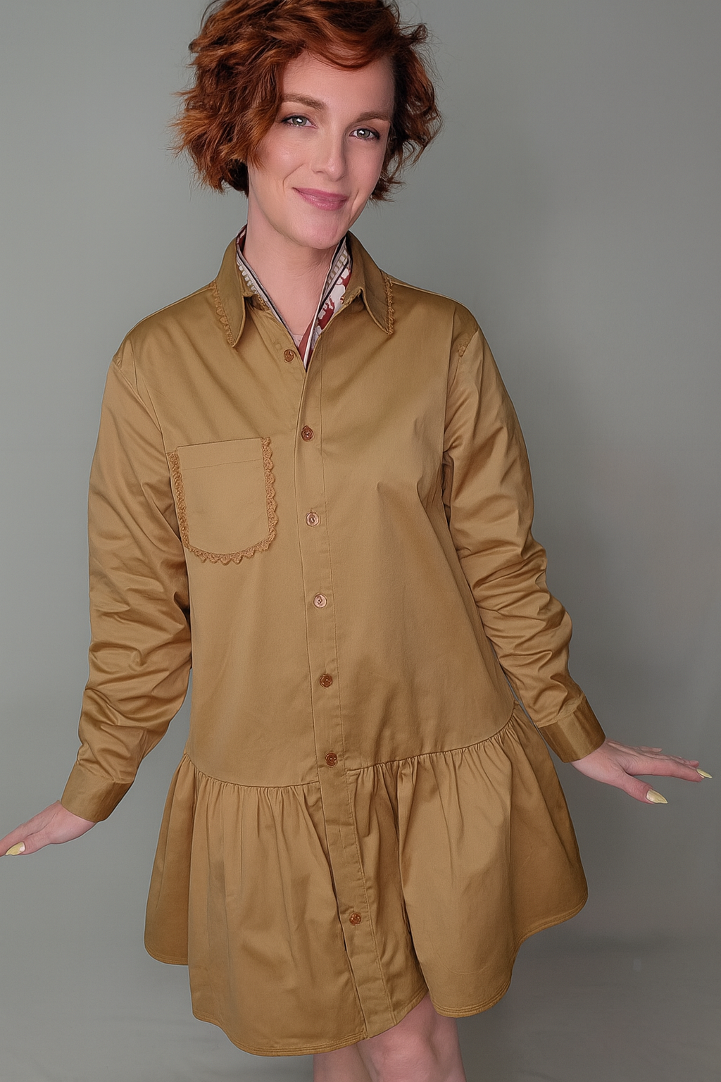 Scalloped Trim Button-Up Dress
