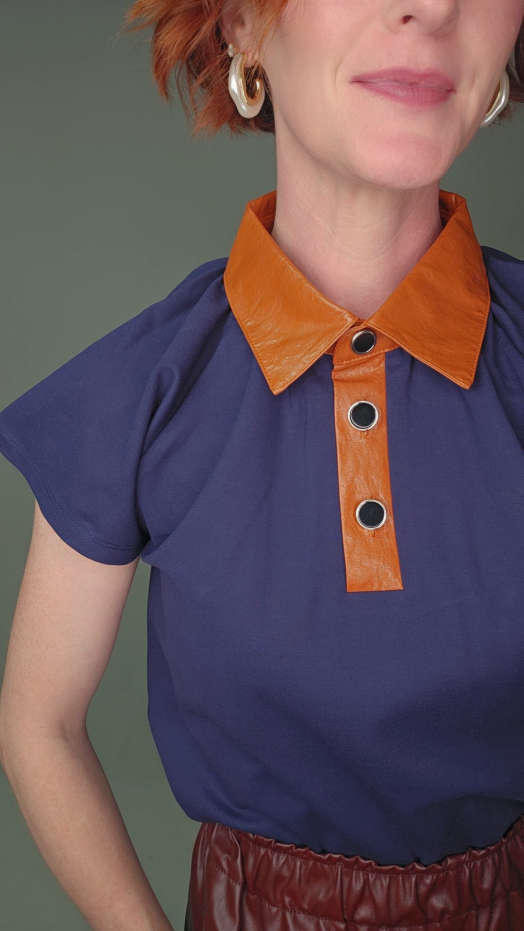 Contrast Collar Faux Leather Top