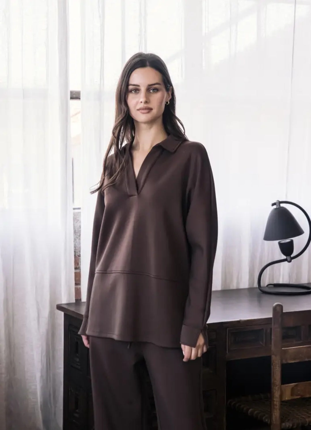 Chocolate Brown Relaxed Collared Tunic