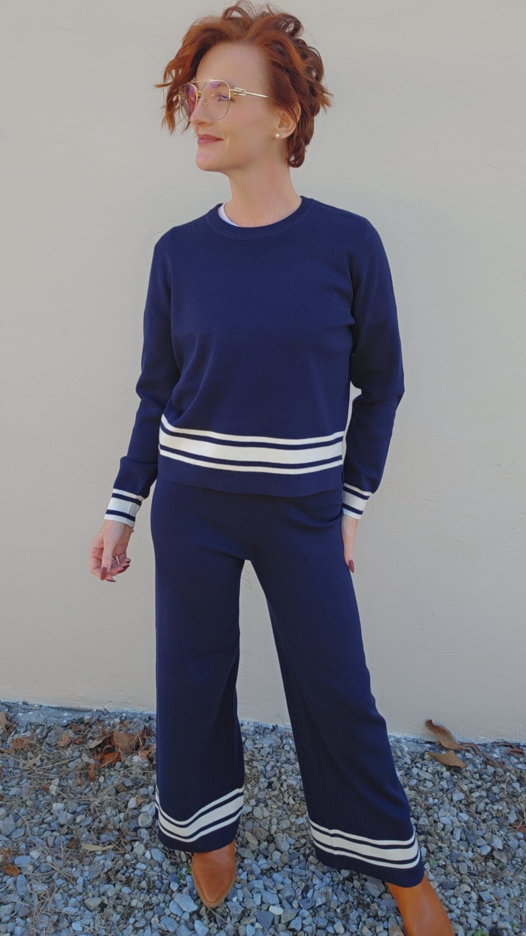 Navy Long Sleeve Crew Neck with Stripe Hem