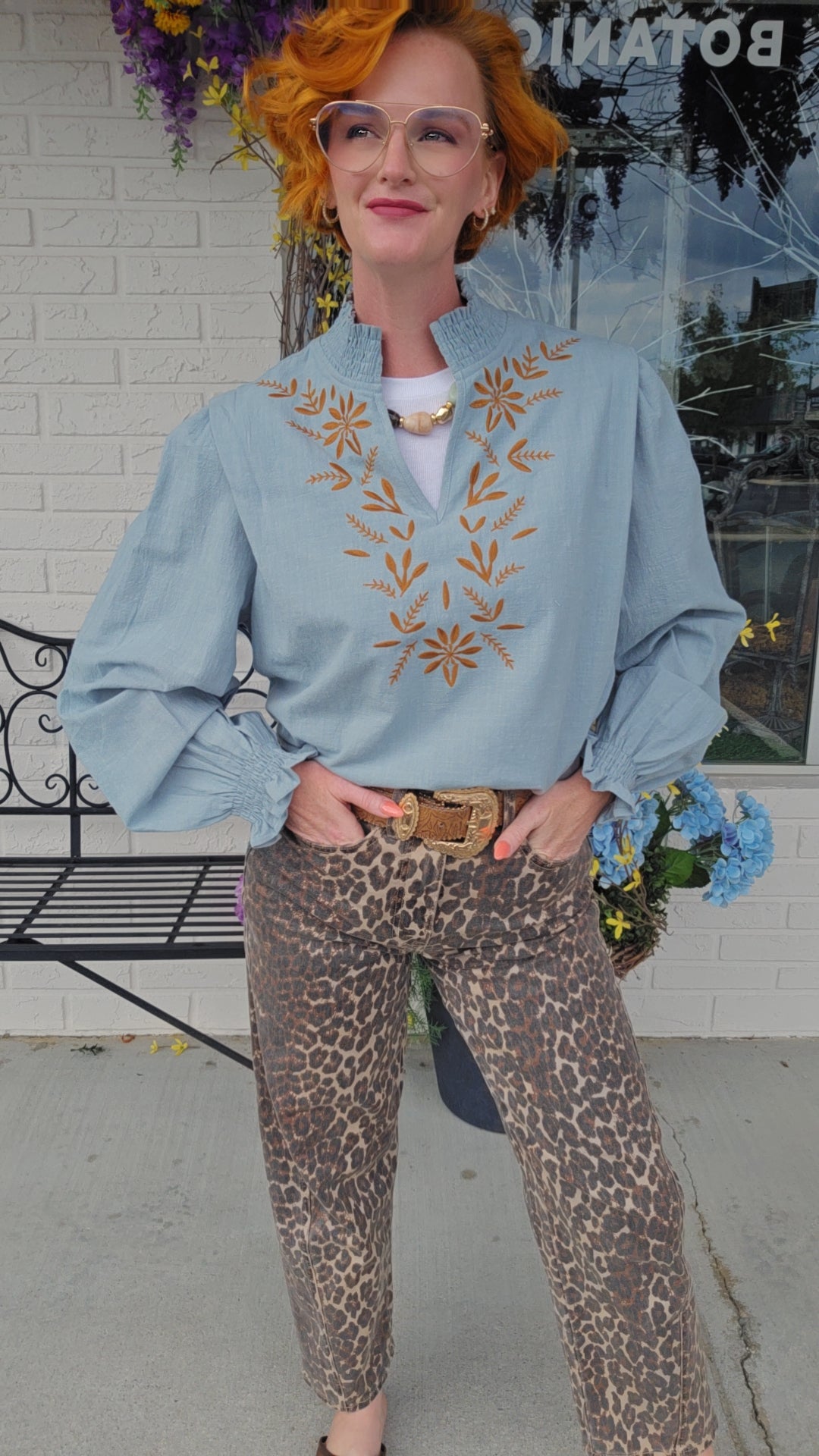 Embroidered Smocked Mock Neck Top