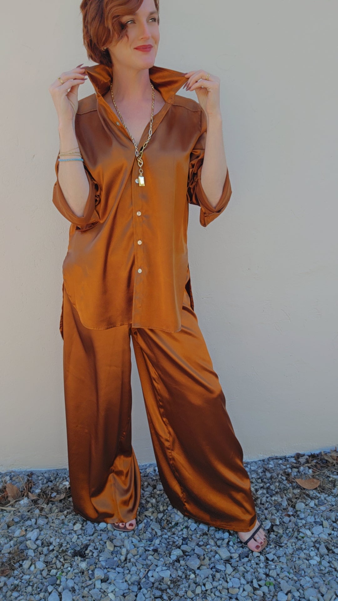 Copper High Low Button Down Blouse