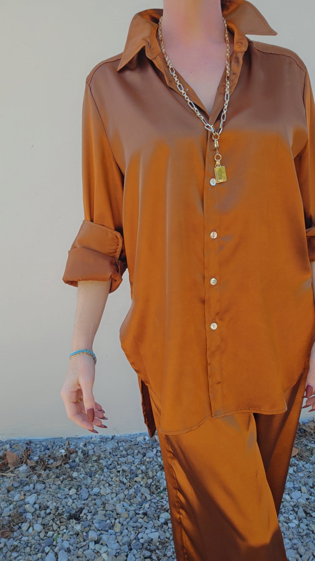 Copper High Low Button Down Blouse