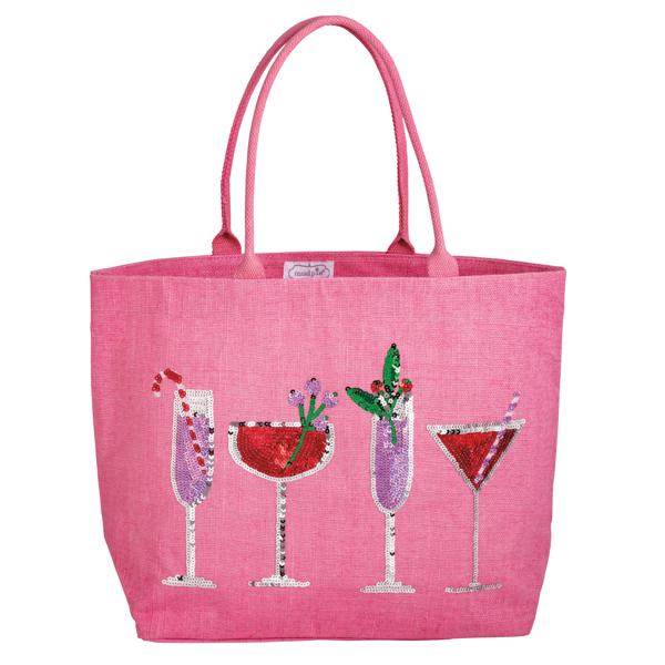 sequin holiday drink tote pink