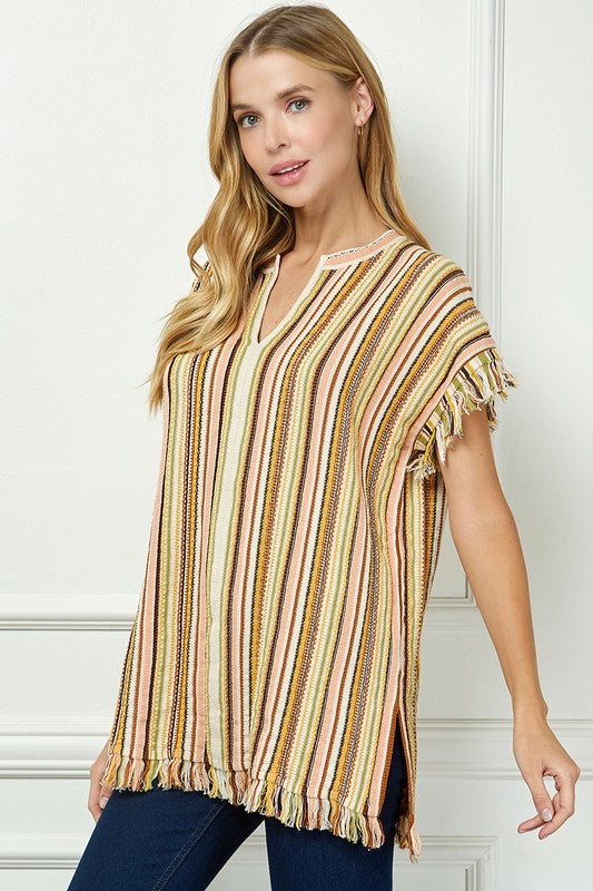 Striped Fringe Tunic With V Neck