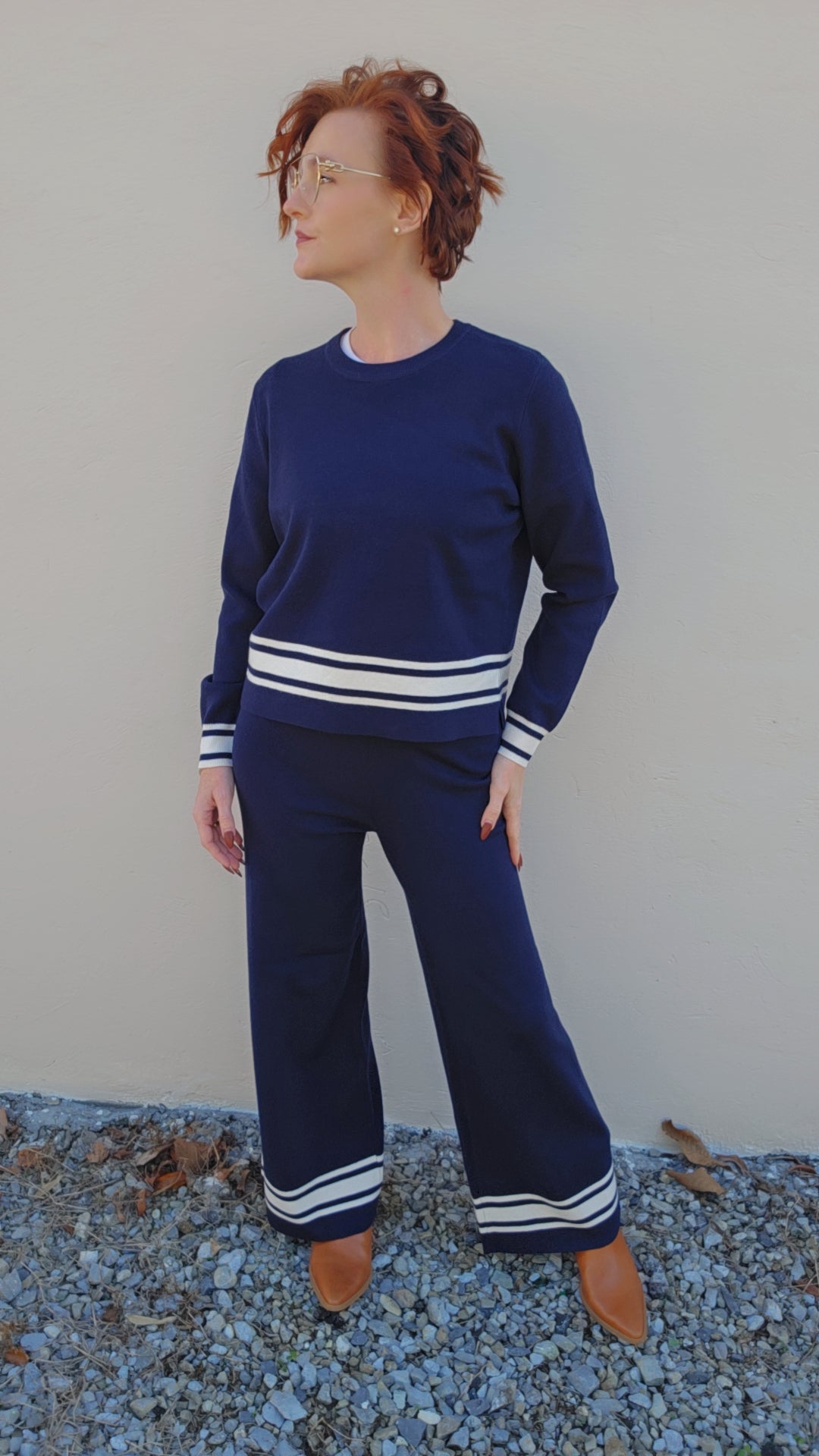 Navy Long Sleeve Crew Neck with Stripe Hem