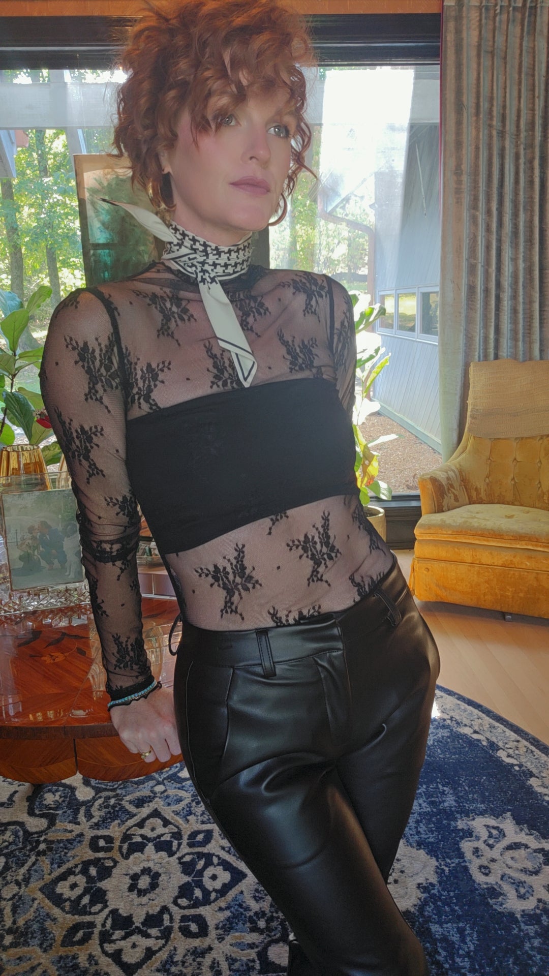 Knit Jacquard Lace Mock Neck Top