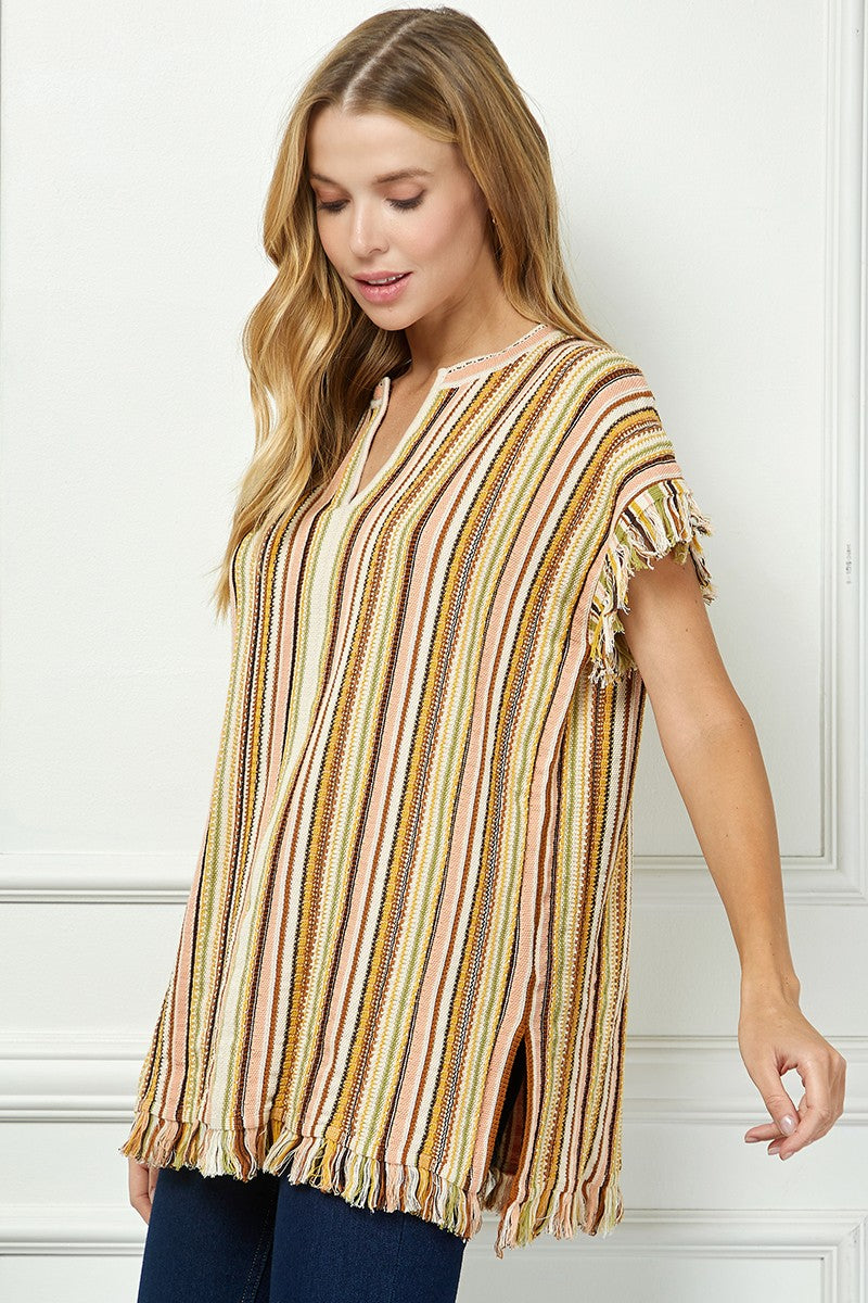 Striped Fringe Tunic With V Neck