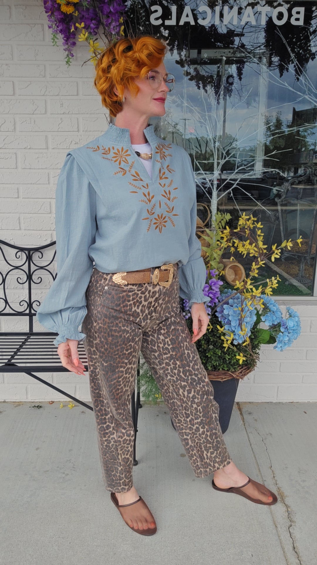 Embroidered Smocked Mock Neck Top