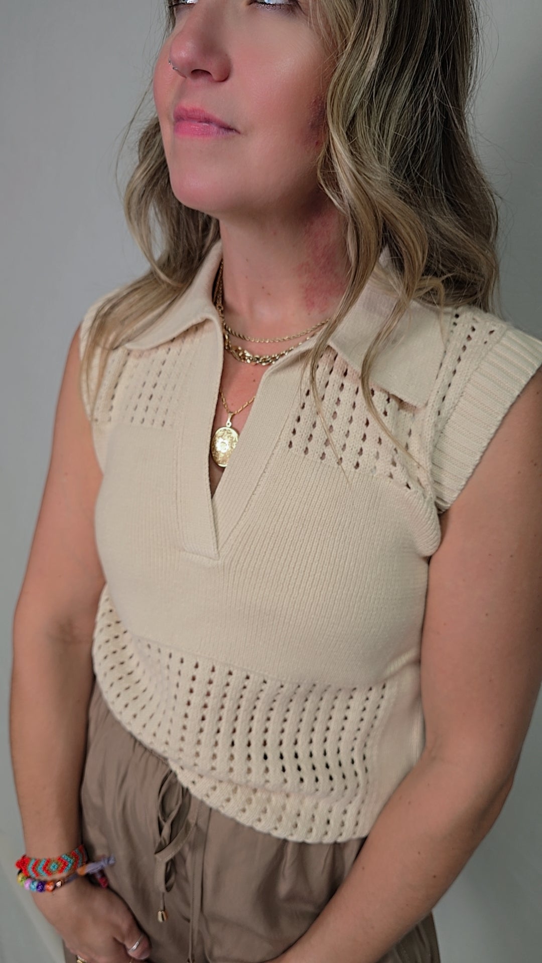 Collared Sleeveless Pointelle Knit Top
