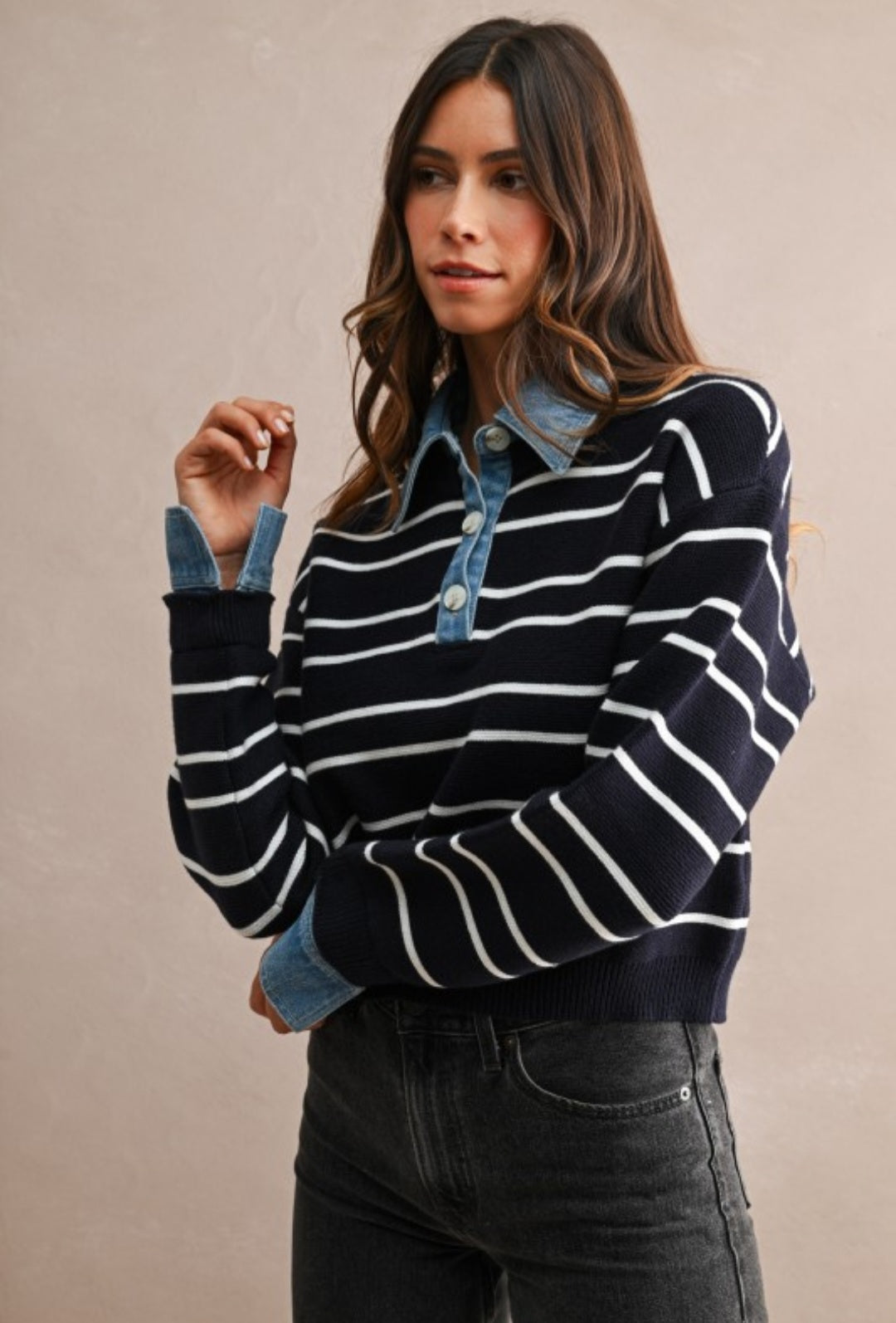 Striped Sweater with Contrast Denim Detail