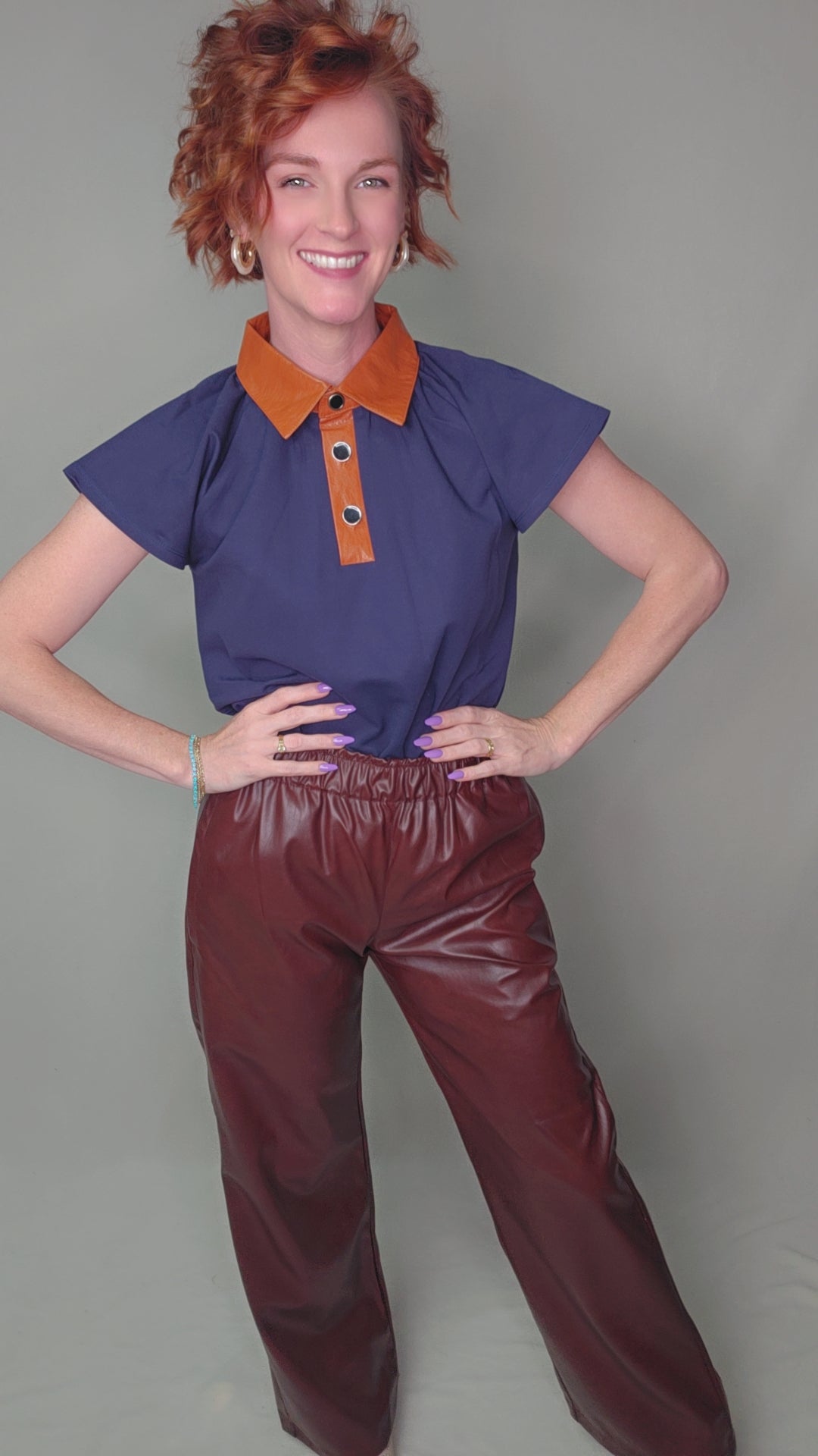 Contrast Collar Faux Leather Top