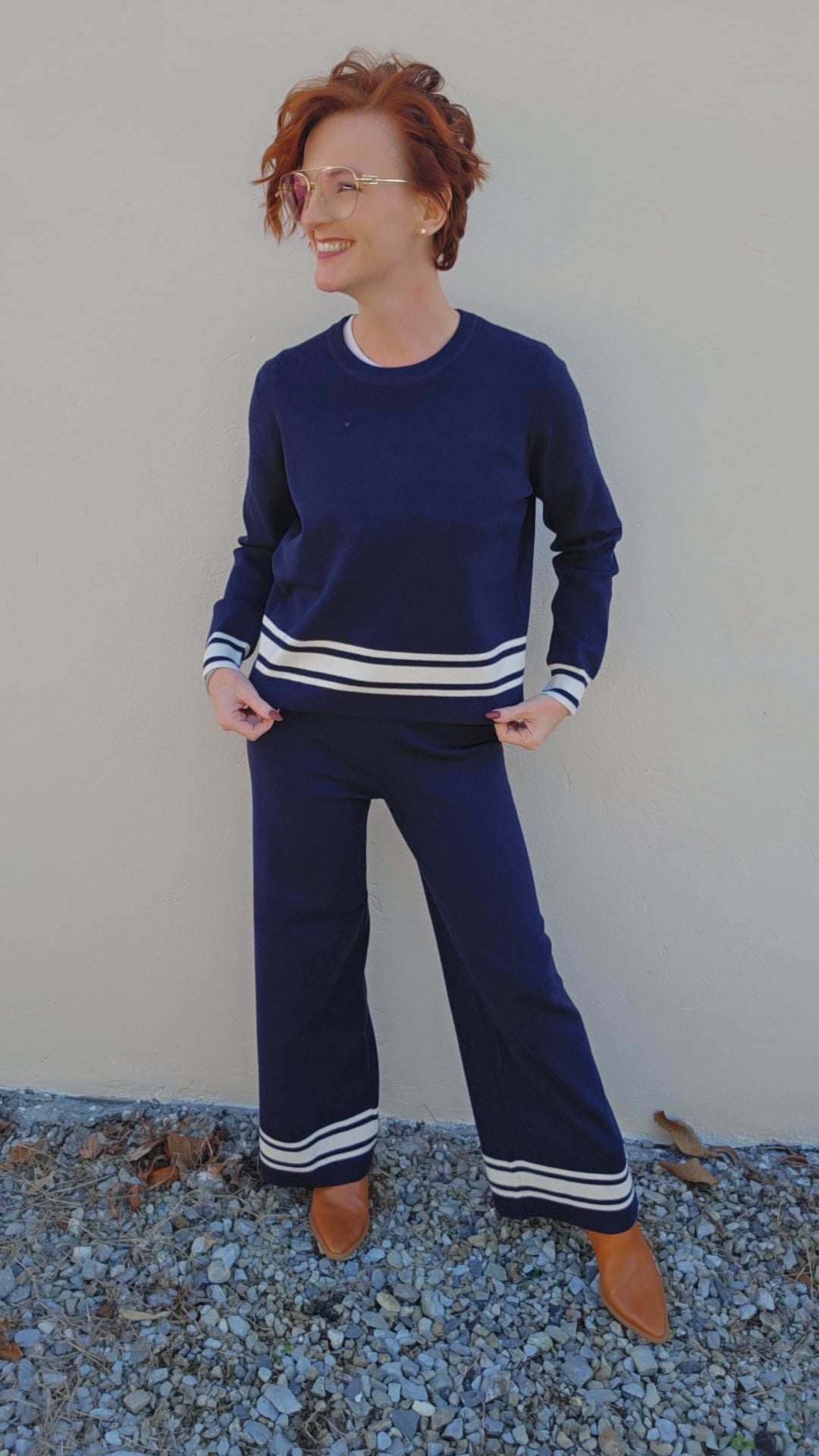 Navy Long Sleeve Crew Neck with Stripe Hem