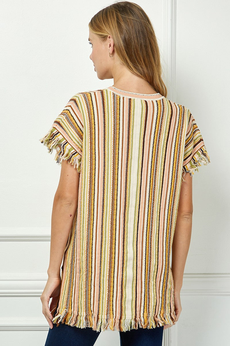 Striped Fringe Tunic With V Neck