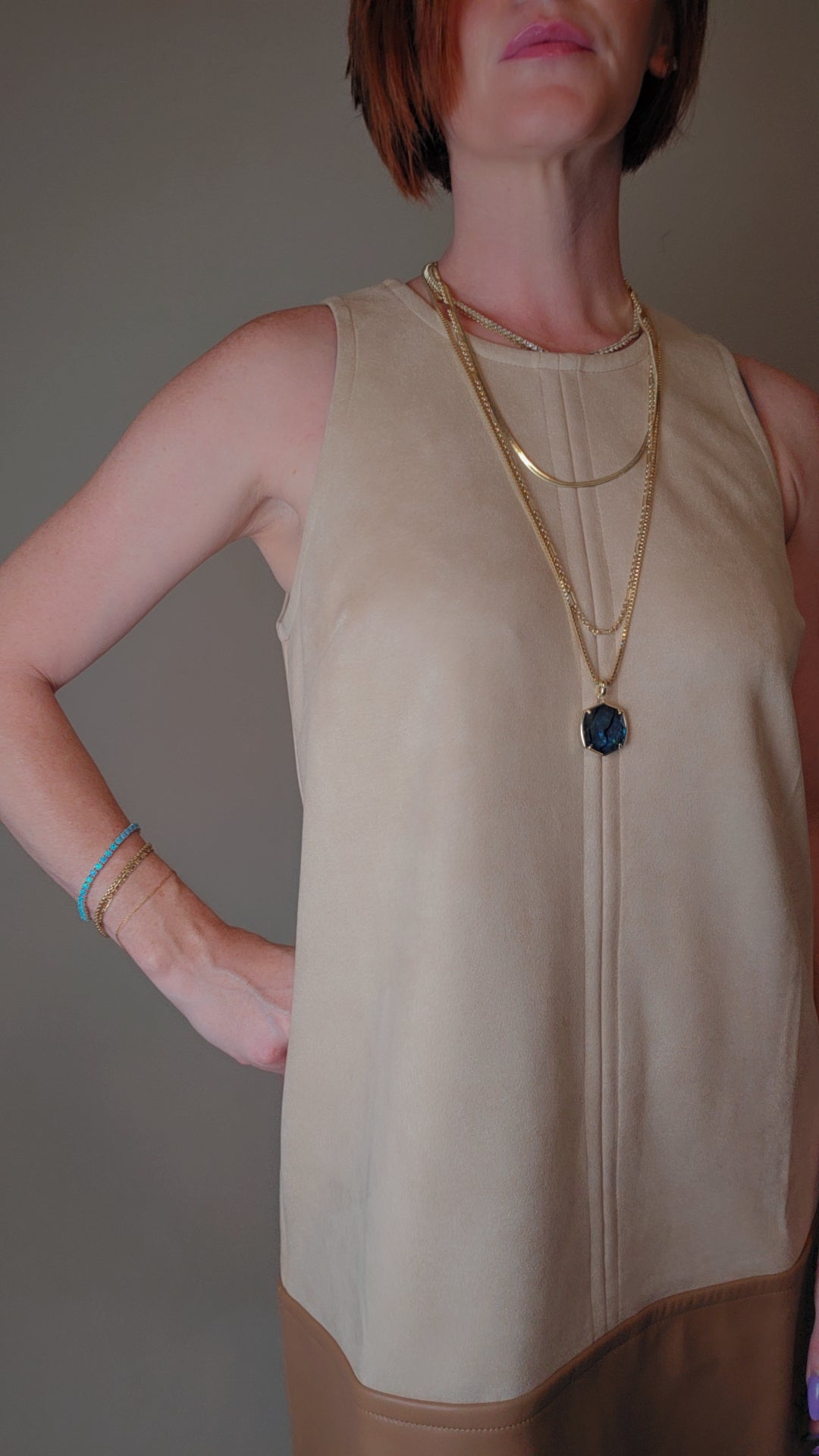 Faux Leather Hem Suede Shift Dress