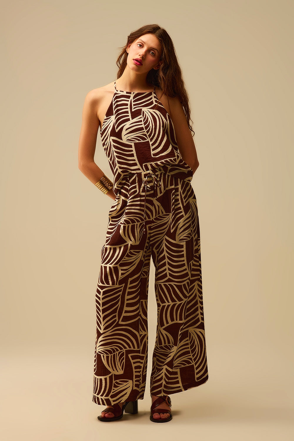 womens leaf print outfit set drawstring pant