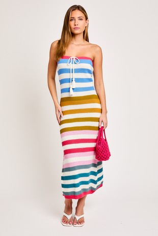 STRAPLESS MULTI STRIPE SWEATER MIDI DRESS