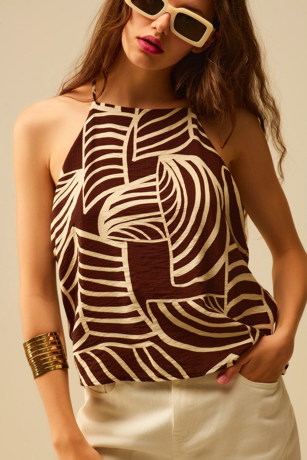 leaf print halter womens top brown and white
